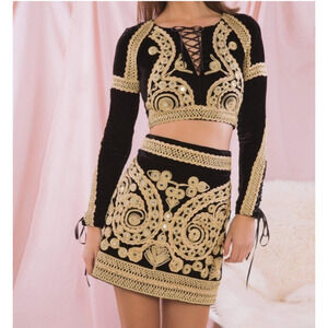 For Love and Lemons Paris Silk Velvet Crop Top and Skirt Set Black Gold Size S